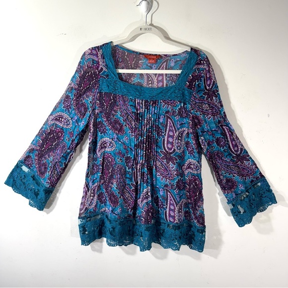 Sundance Silk Blouse Paisley Turquoise Lace Delicate Feminine Fairy - Picture 1 of 9